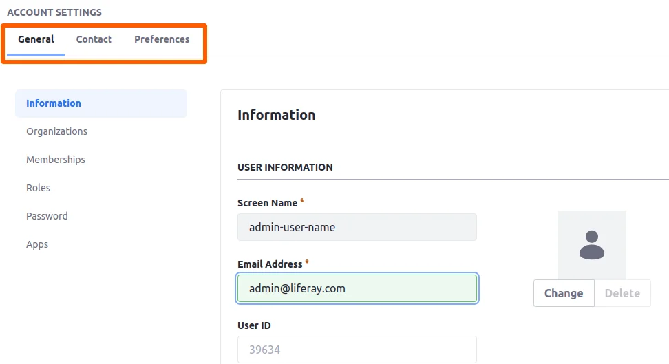 Admin account details screen