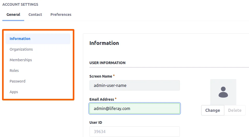 Admin account details screen