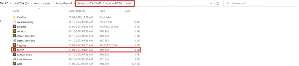 Locating server file in conf folder of Liferay tomcat