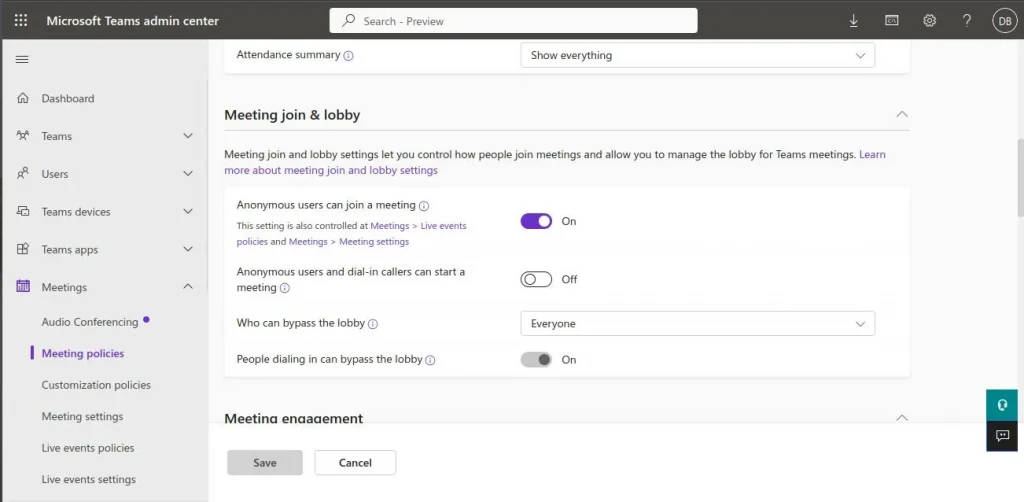 Managing everyone can bypass lobby Meeting Policies