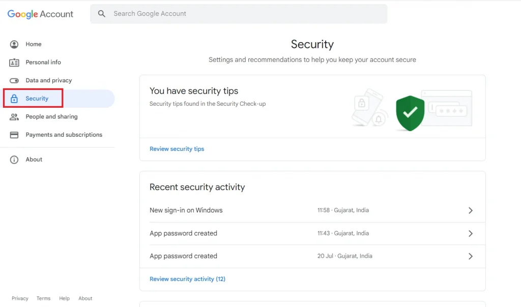 Security tab in Google Account | Mail Configuration in Liferay with Gmail’s increased security Security tab in Google Account