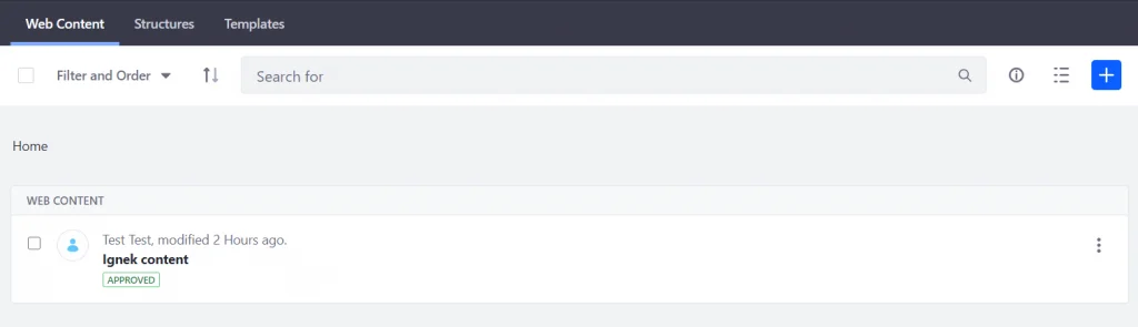 Web Content list in Liferay admin panel