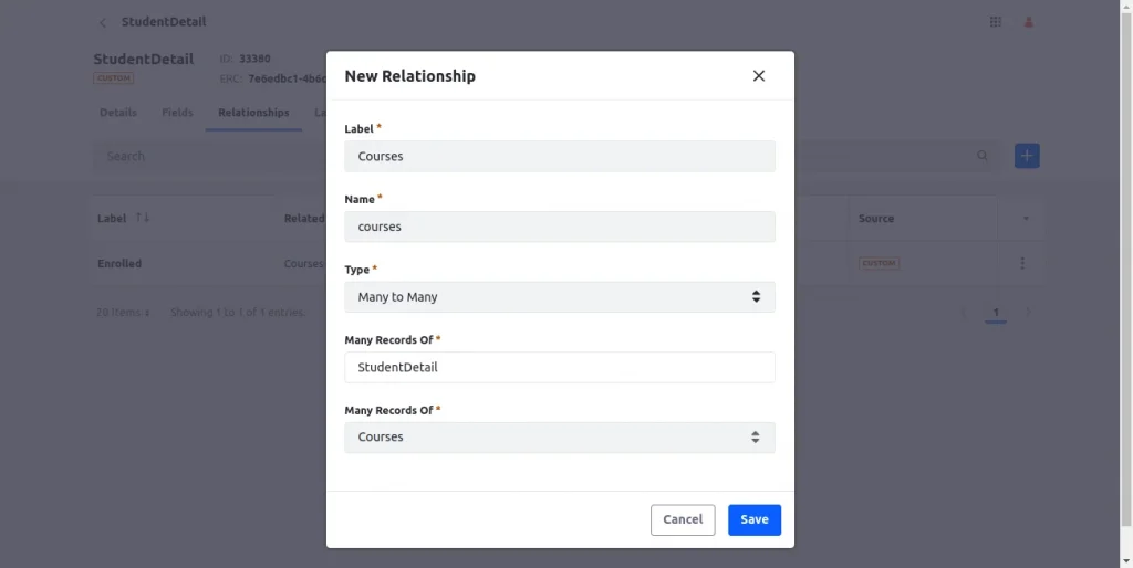 Create new relationship of type Many to many