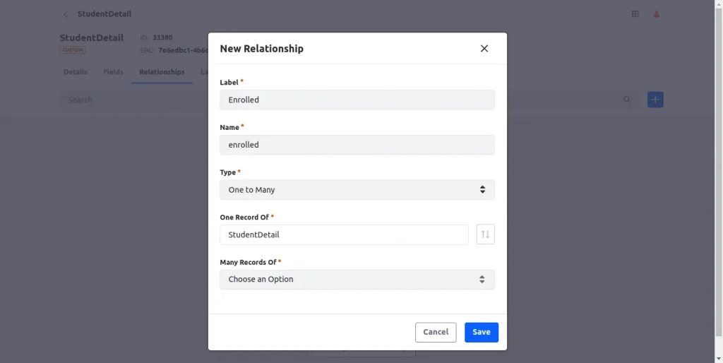 Create new relationship of type One to many